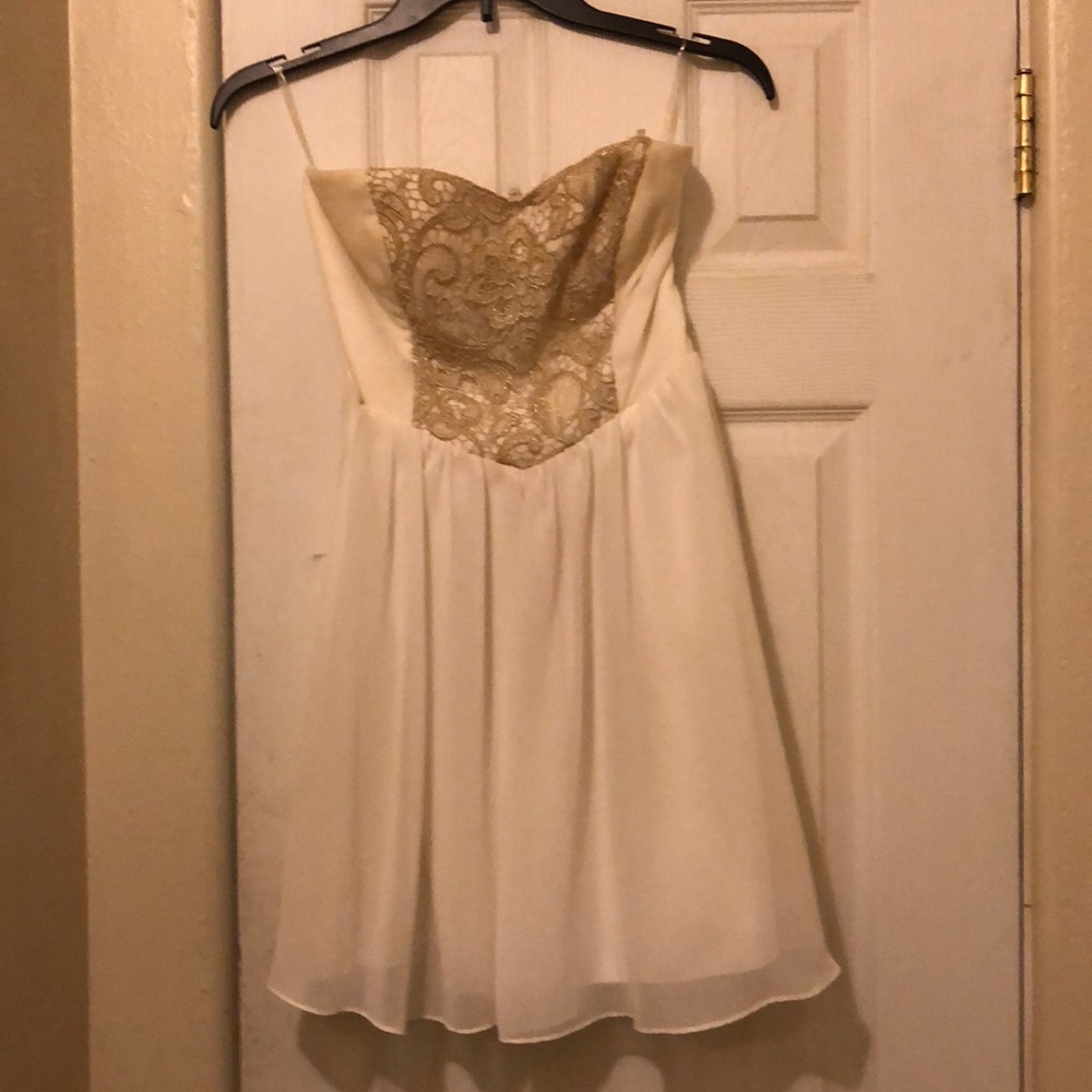 strapless formal white dress with gold floral lace